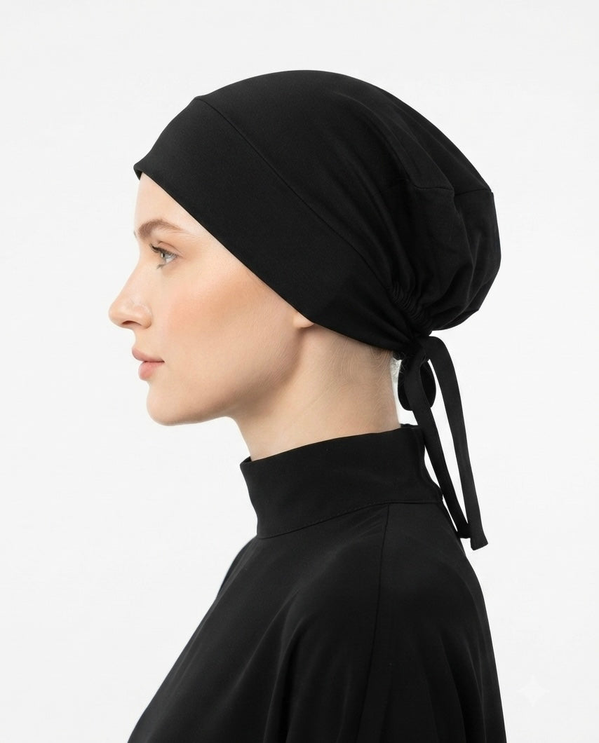 Black Premium Tie-Back Hijab Cap