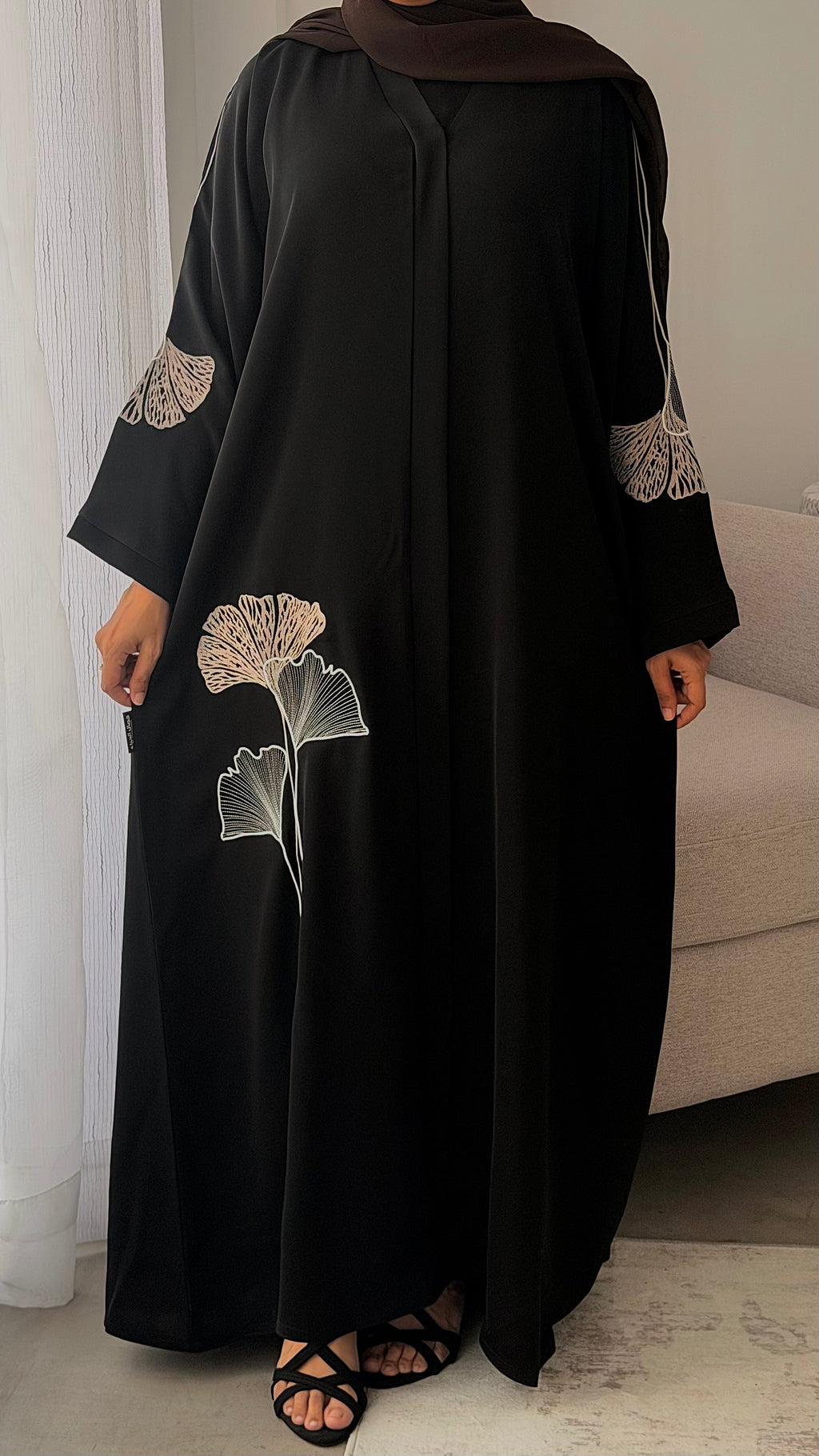 Ginkgo Embroidered Nida Kimono Abaya - Black & Champagne⁠