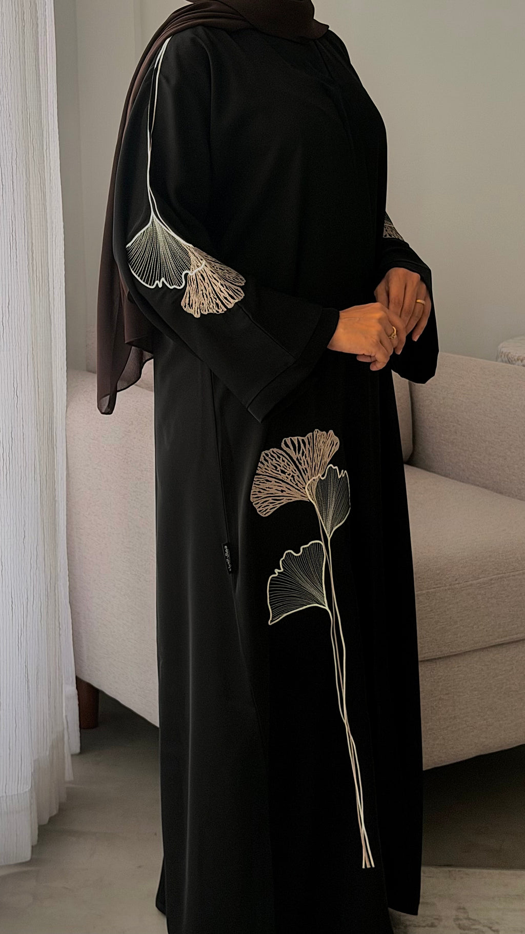 Ginkgo Embroidered Nida Kimono Abaya - Black & Champagne⁠